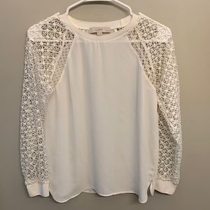 Petite XS Loft white shirt with lace arms.
